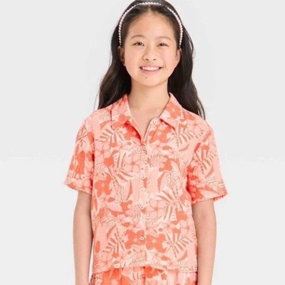 Disney Moana 2 Girls Peach Tropical Floral Cotton Button Down Shirt Size L 10/12